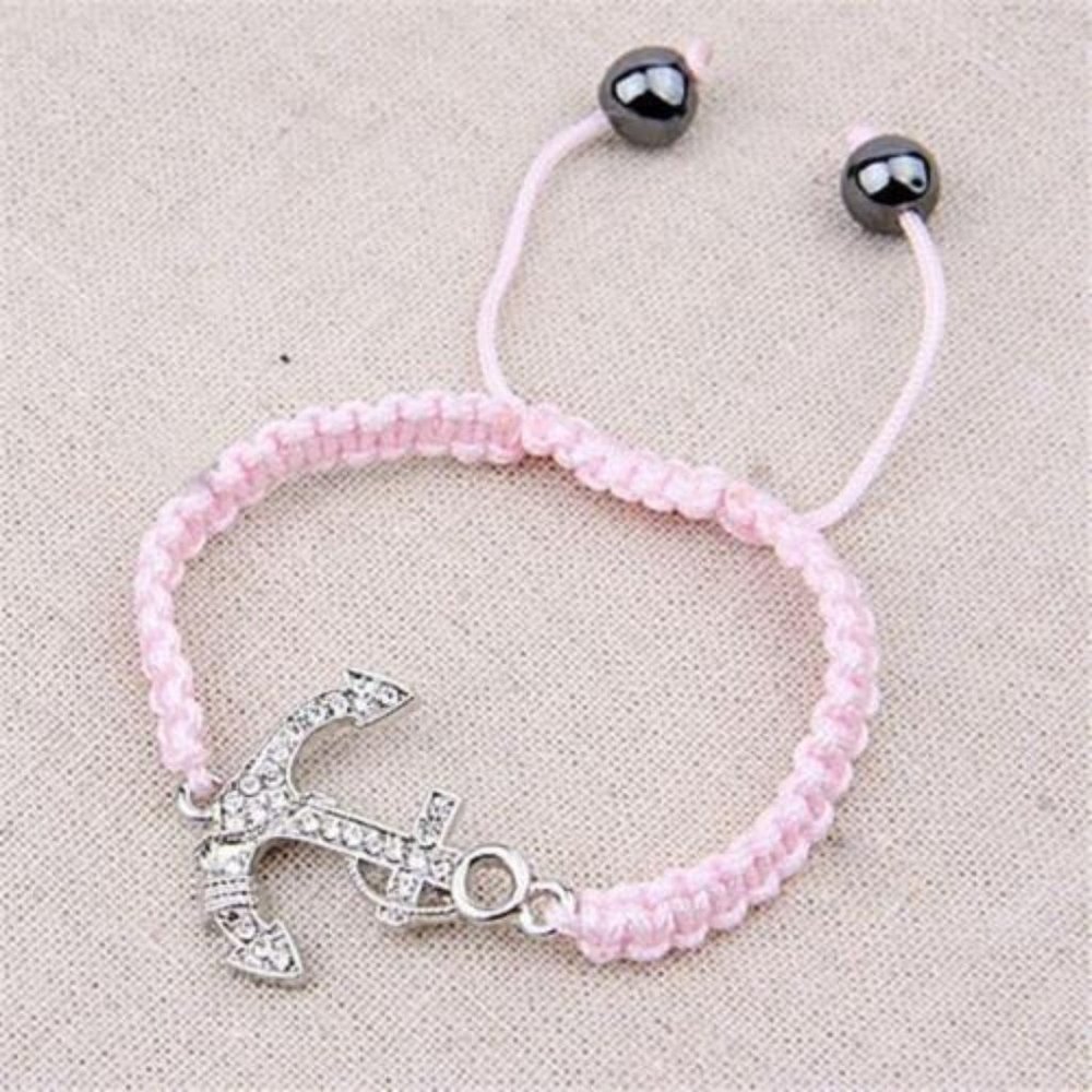 Silver Pink Crystal Nautical Anchor Bracelet Rope